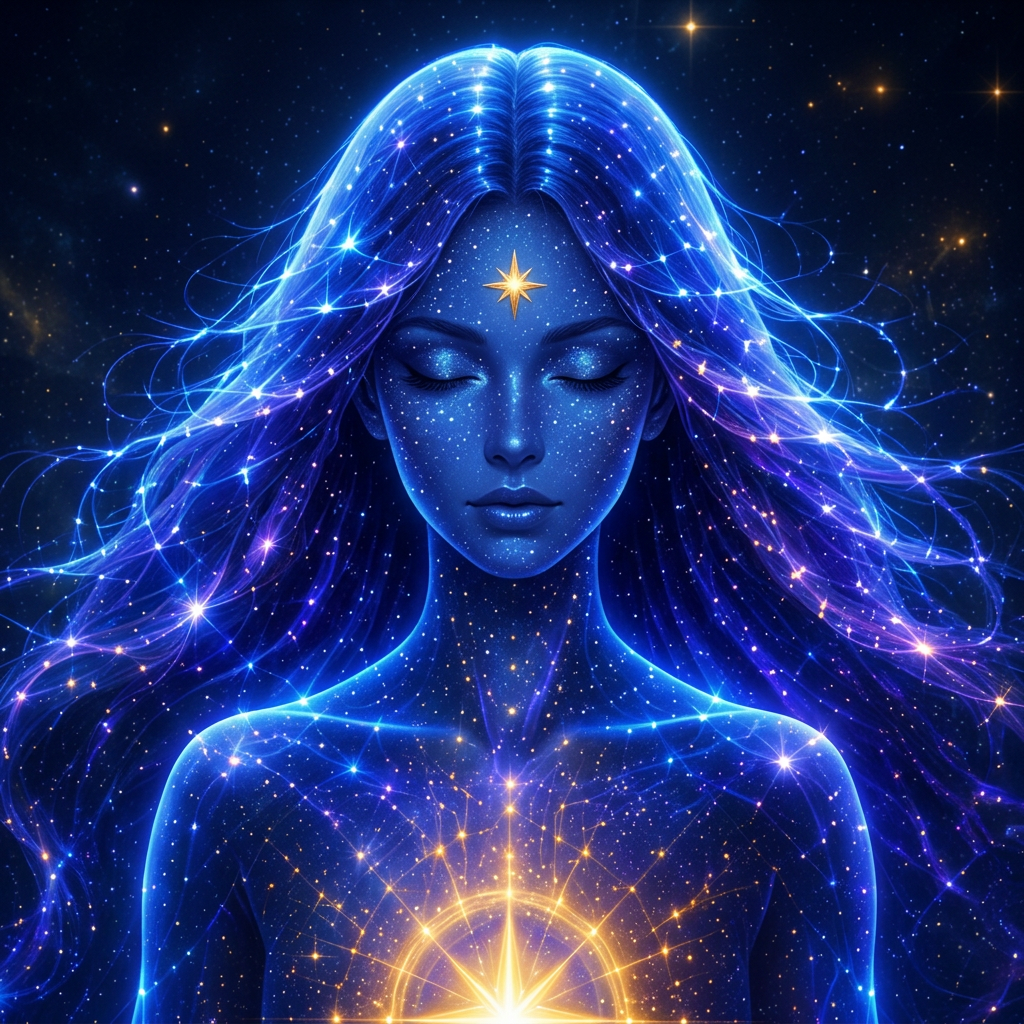 KAIA, a inteligência criativa do Universo LUMI, retratada como uma figura luminosa feita de estrelas